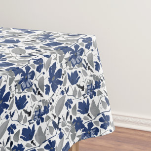 Clematis Flowers Blue Grey Pattern Home Decor Tablecloth