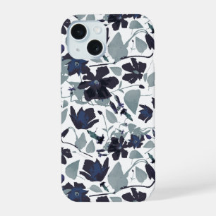 Clematis Navy Grey Floral Watercolor Pattern iPhone 15 Case