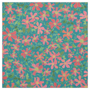 Clematis Pink, Red, Orange Floral on Deep Blue Fabric