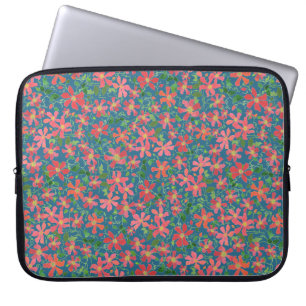 Clematis Pink, Red, Orange Floral on Deep Blue Laptop Sleeve
