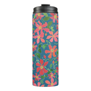 Clematis Pink, Red, Orange Floral on Deep Blue Thermal Tumbler