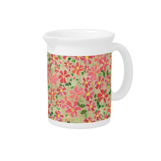Clematis Pink, Red, Orange Floral Pattern on Taupe Pitcher
