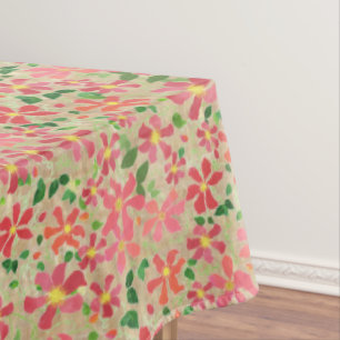 Clematis Pink, Red, Orange Floral Pattern on Taupe Tablecloth