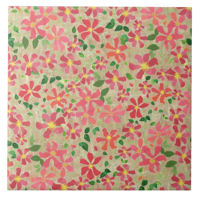 Clematis Pink, Red, Orange Floral Pattern on Taupe Tile (Front)