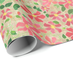 Clematis Pink, Red, Orange Floral Pattern on Taupe Wrapping Paper