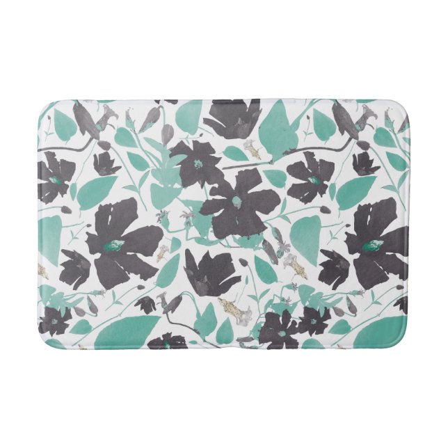Clematis Teal Brown Floral Pattern Bath Mat (Front)