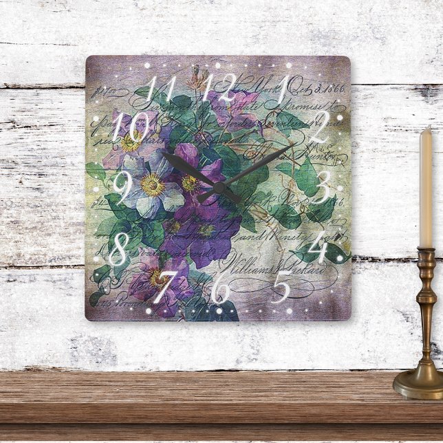 Clematis Vine Handwriting Ephemera Square Wall Clock (Creator Uploaded)