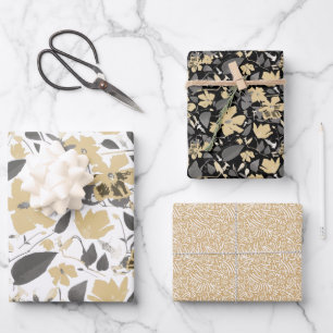 Clematis Watercolor Gold Grey Black Floral Pattern Wrapping Paper Sheet