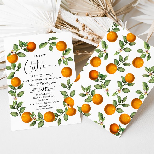 Clementine Oranges Wreath Little Cutie Baby Shower Invitation (Little Cutie is on the Way Baby Shower Invitation Template, Clementine Baby Shower Invite, Oranges)