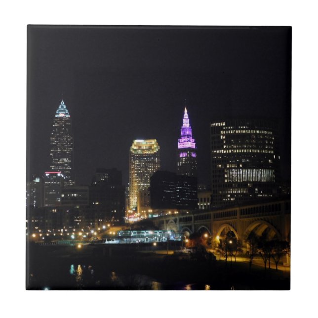 Cleveland, OH Night Skyline (Purple) Ceramic Tile (Front)