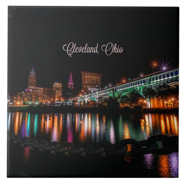 Cleveland, Ohio cityscape, labelled Ceramic Tile (Front)