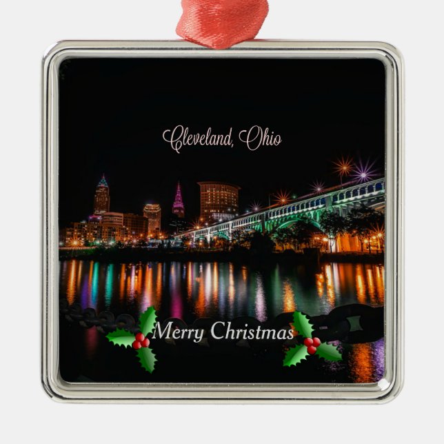 Cleveland, Ohio cityscape, Merry Christmas Metal O Metal Ornament (Front)