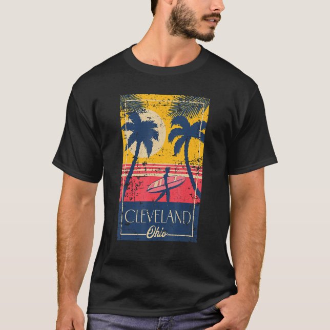 Cleveland Ohio Retro Palm Trees Surf Distressed De T-Shirt (Front)
