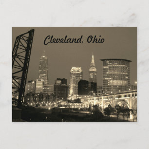 Cleveland Ohio Sepia Skyline Night Postcard