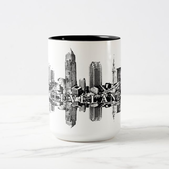 Cleveland, Ohio skyline in black Two-Tone Coffee Mug (Center)