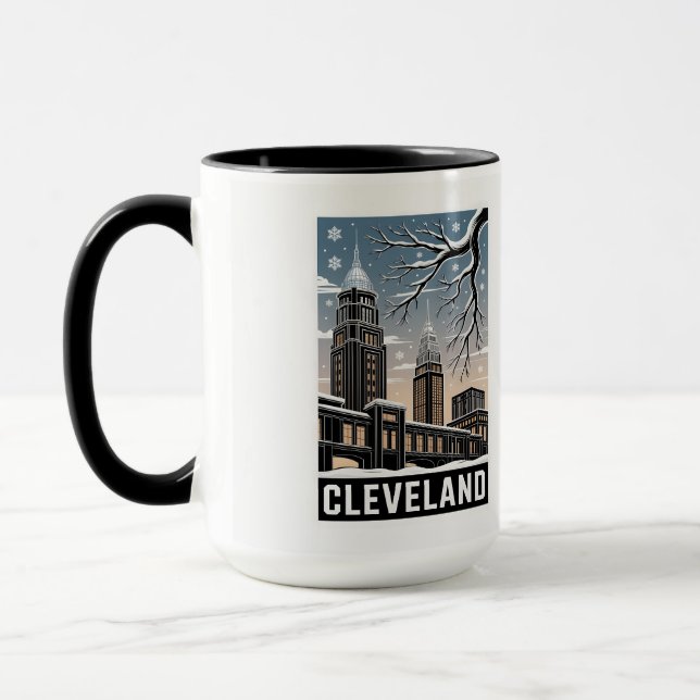 Cleveland Ohio Skyline Winter Woodcut Black&White Mug (Left)