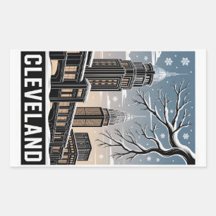 Cleveland Ohio Skyline Winter Woodcut Black&White Rectangular Sticker