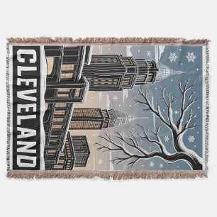 Cleveland Ohio Skyline Winter Woodcut Black&White Throw Blanket