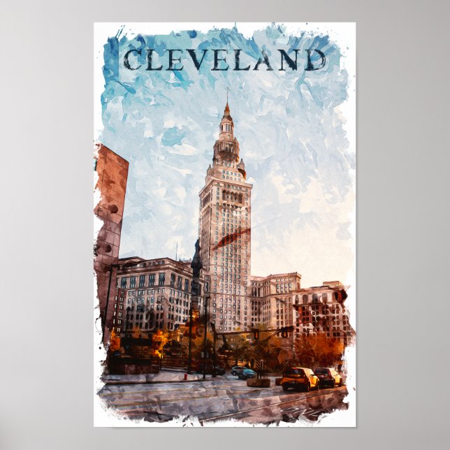 Cleveland Ohio Watercolor City View Poster (Front)