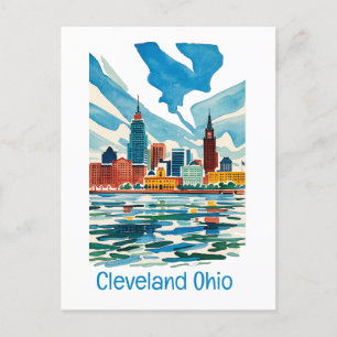 Cleveland Ohio Watercolor Skyline Postcard