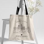 Cleveland, Ohio Wedding | Stylised Skyline Tote Bag<br><div class="desc">A unique wedding tote bag for a wedding taking place in the beautiful city of Cleveland,  Ohio.  This tote features a stylised illustration of the city's unique skyline with its name underneath.  This is followed by your wedding day information in a matching open lined style.</div>