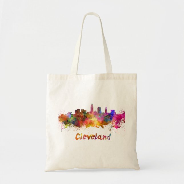 Cleveland skyline in watercolor tote bag (Front)