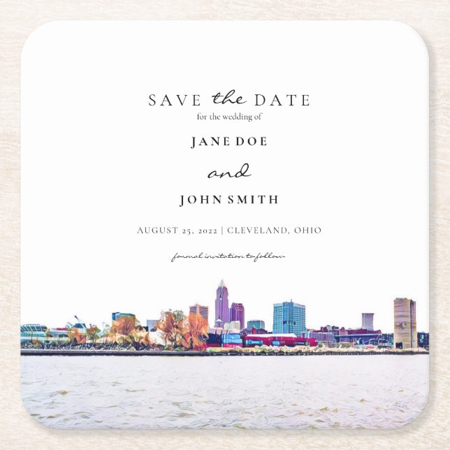 Cleveland Skyline Paper Coaster Save the Date (Front)