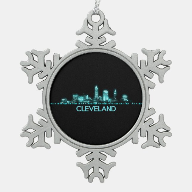 Cleveland Skyline Snowflake Pewter Christmas Ornament (Front)