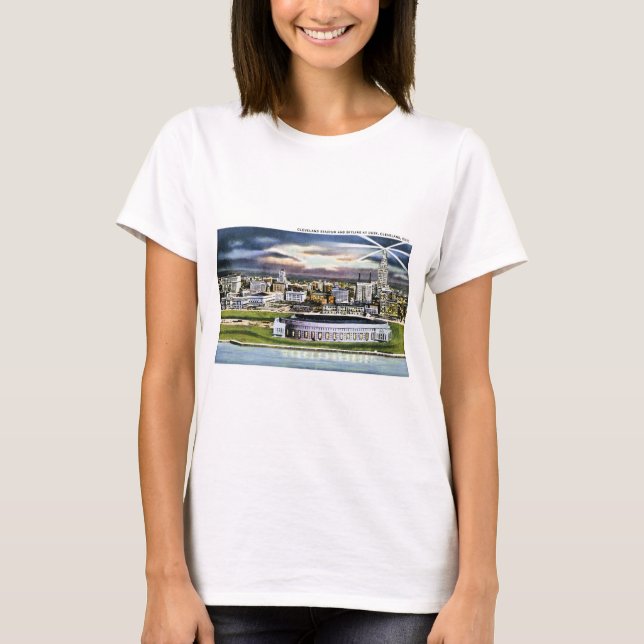 Cleveland Stadium Skyline at Dusk, Cleveland, Ohio T-Shirt (Front)