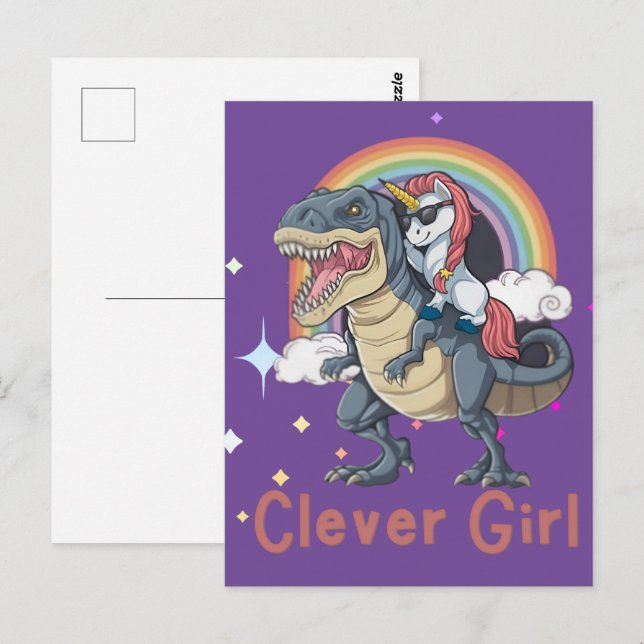 Clever Girl- Unicorn Riding Dinosaur Edition Postcard (Front/Back)