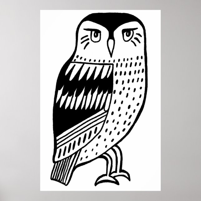 Clever Owl black line drawing on white Poster (Front)