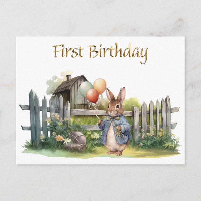 Clever Rabbit First Birthday Postcard (Front)