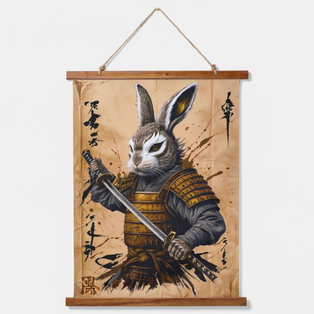 Clever Rabbit Samurai Warrior - Japanese Ink Style Hanging Tapestry (Front)