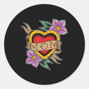 Clic Mum Heart And Flowers Old School Tattoo Art Classic Round Sticker