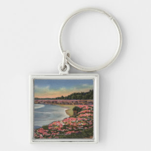 Cliff Drive View of Ocean, Beach, & Flowers Key Ring