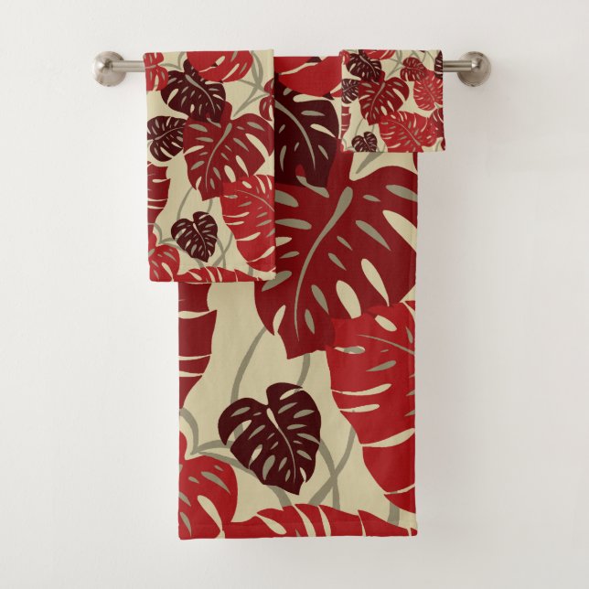 Cliff Hanger Hawaiian Monstera Leaf Coordinate Red Bath Towel Set (Insitu)