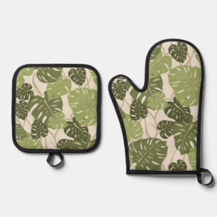 Cliff Hanger Hawaiian Monstera Leaf Green Oven Mitt & Pot Holder Set
