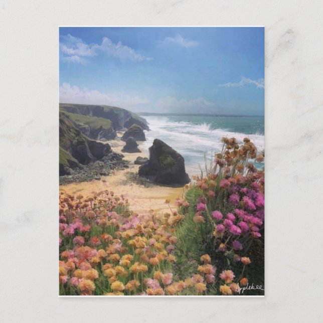 Cliff top view of beach with flowers, postcard (Front)