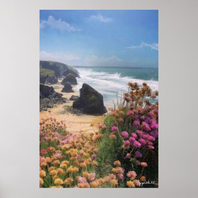 Cliff top view of beach with flowers, poster (Front)