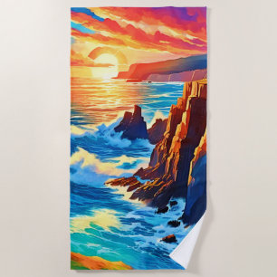 Cliffs at Sunset: Ocean's Golden Hour Beach Towel