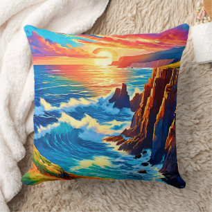 Cliffs at Sunset: Ocean's Golden Hour Cushion