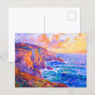 Cliffs in Fiery Sunset Impressionist Landscape Postcard