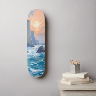 Cliffside Cove Coastal Ocean Watercolor Painting Skateboard