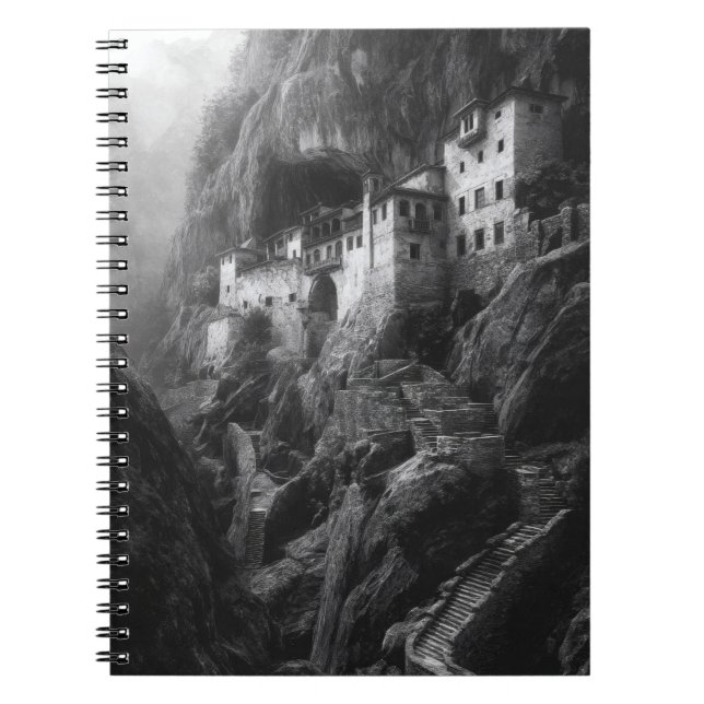 Cliffside Monastery Misty Mountains Notebook (Front)