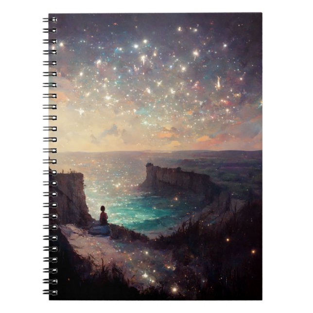 Cliffside Night Fantasy Landscape Sci-Fi Notebook (Front)