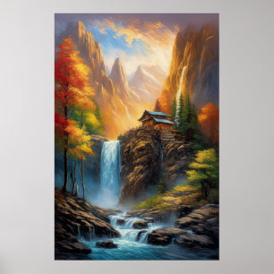 Clifftop Retreat: Wooden Cabin by the Waterfall Poster