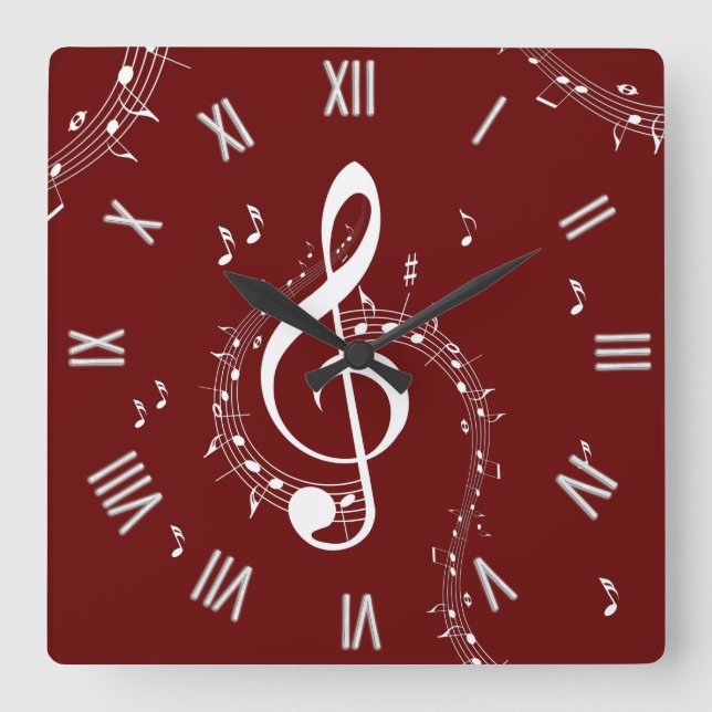 Climactic G Clef Music Red Roman Numerals Square Wall Clock (Front)