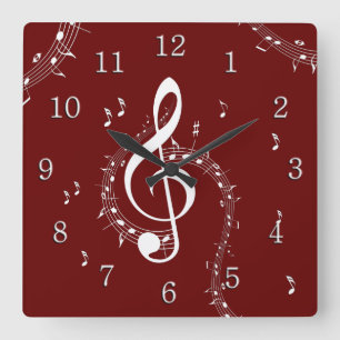 Climactic G Clef Music Red w/ White Numbers Square Wall Clock