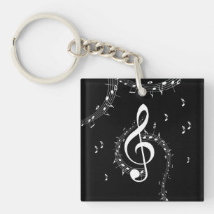 Climactic G Clef White Music on Black  Key Ring