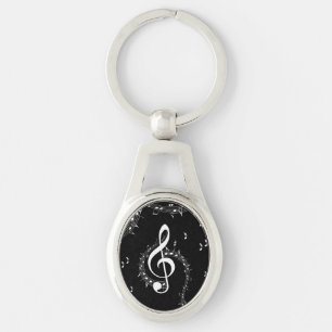 Climactic G Clef White Music on Black  Key Ring